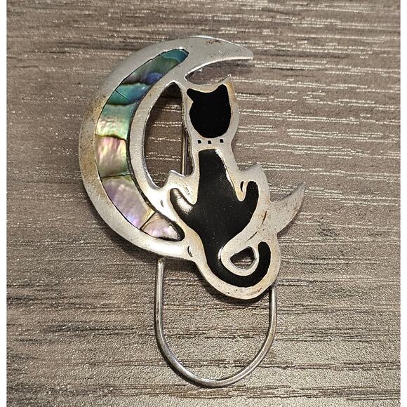 Vintage Alpaca Silver & Abalone Cat on the Moon Brooch w/ Optional Badge Holder - Picture 1 of 6